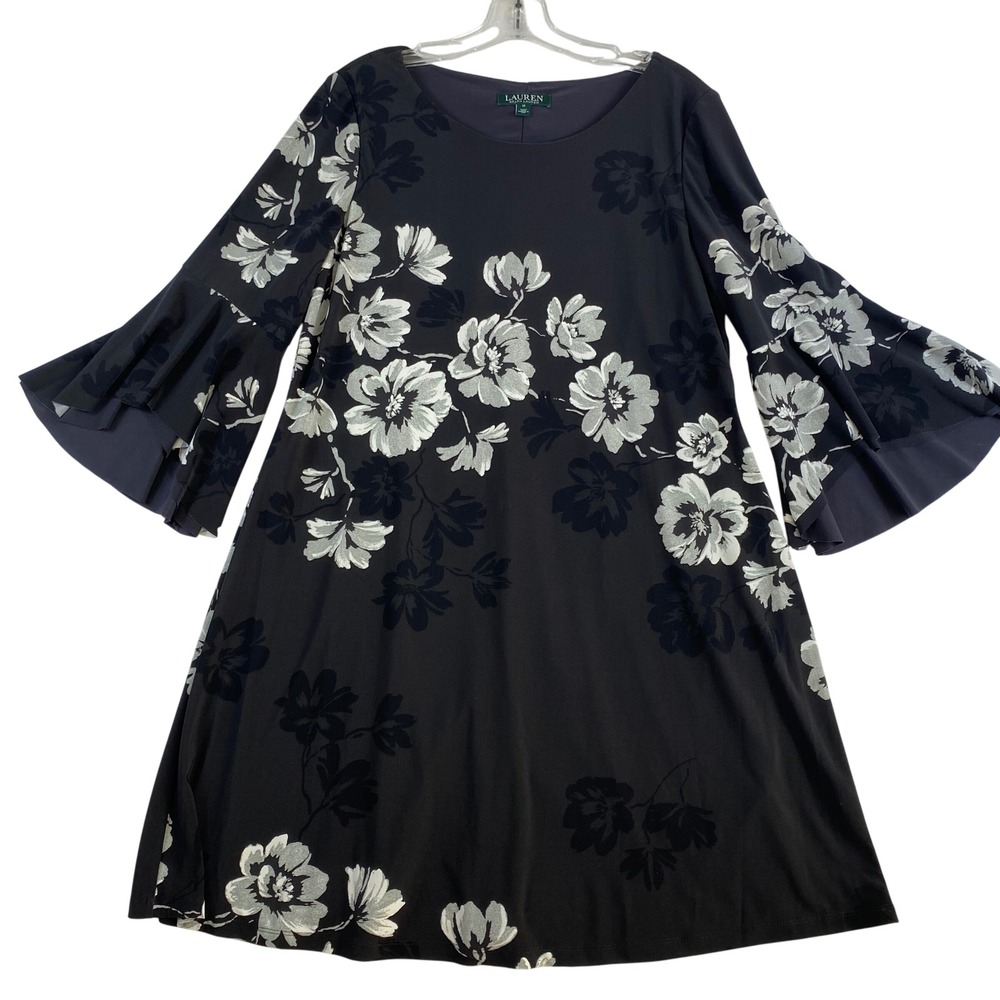 Lauren Ralph Lauren Black Floral Long Sleeve Dress with White Flowers